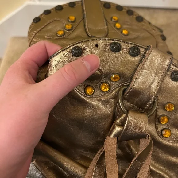 Steve Madden leather metallic gold stud detail slouch fringe cowgirl boots - Picture 6 of 13